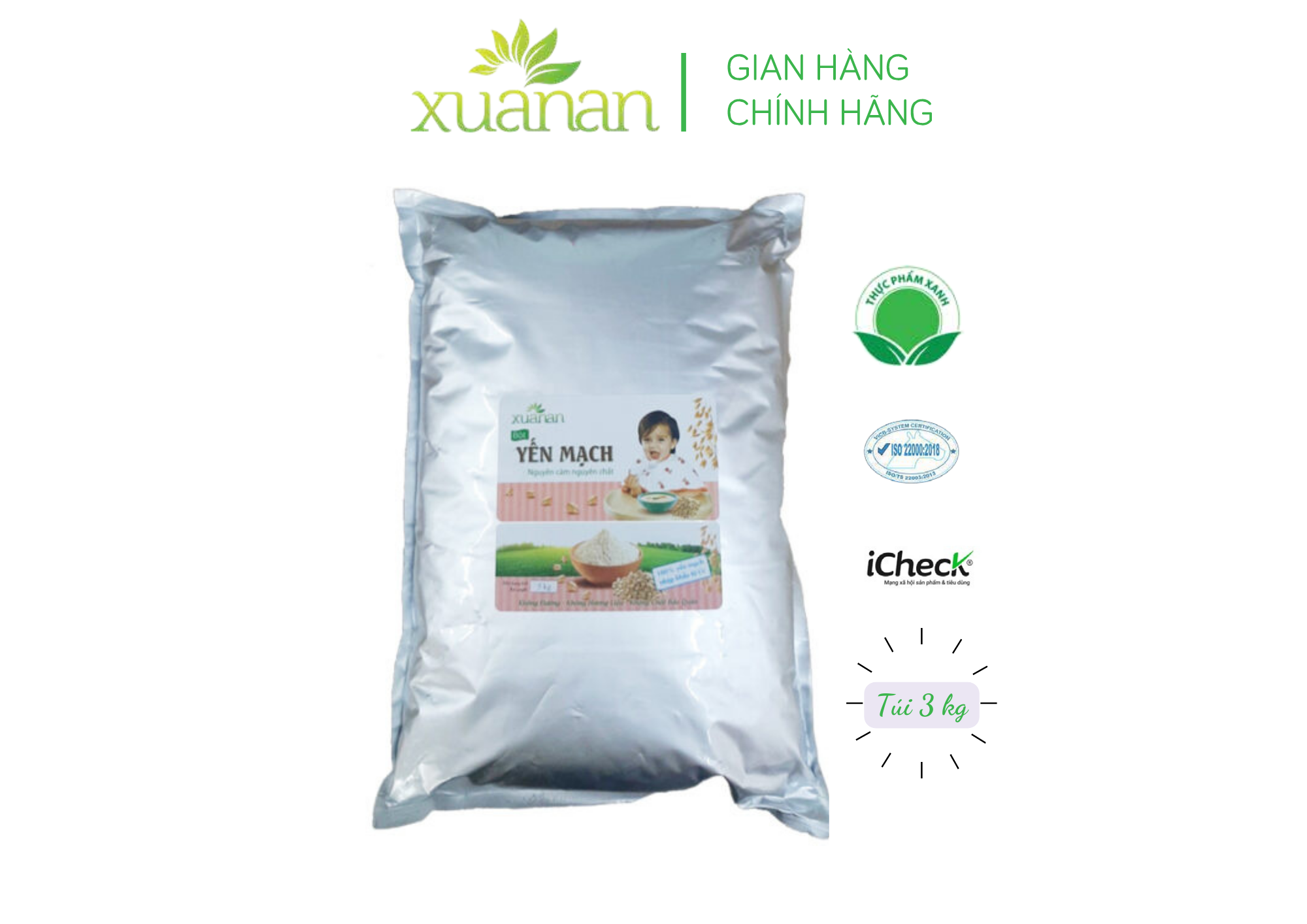 Bột Yến Mạch Nguyên Cám Nguyên Chất Xuân An (ko đường)Túi 3Kg (Giảm 25%)