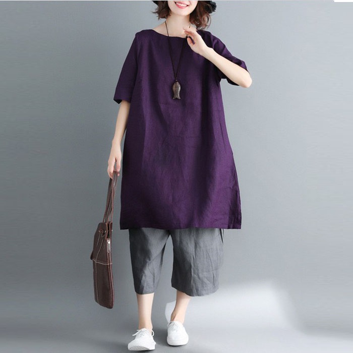 Đầm suông linen cổ tròn tay lỡ Basic, thời trang hè thu 2021