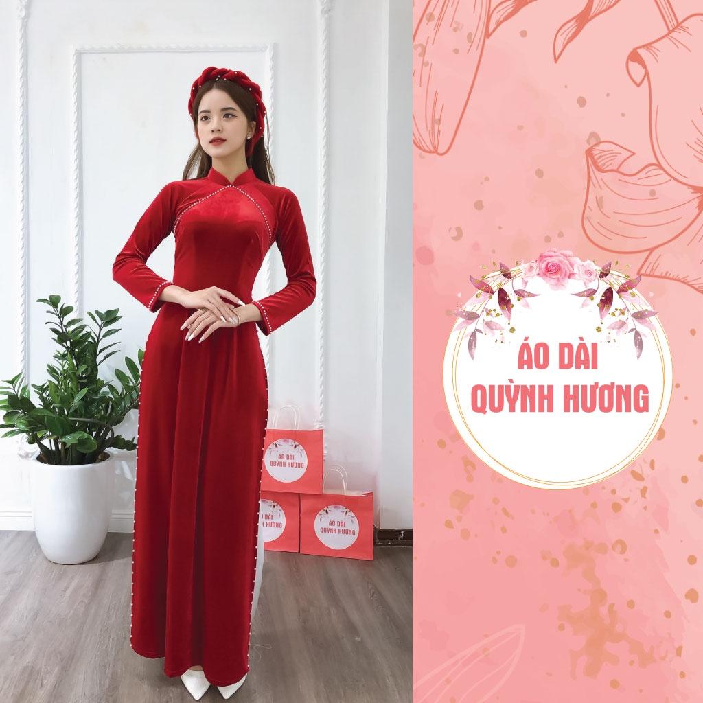 Áo dài nhung đính hạt cổ và tà