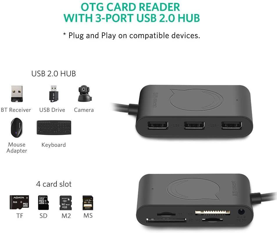 Ugreen UG5041450414TK đọc thẻ Micro USB OTG 2.0 ra Hub 3 Ports hỗ trợ thẻ SD SDHC MINI SD MICRO SD MICRO SDHC T-FLASH MS M2 - HÀNG CHÍNH HÃNG