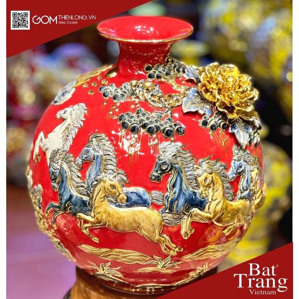 Bình Hút Lộc Mã Đáo Thành Công Màu Đỏ - Vẽ Vàng Đắp Nổi Hàng Kỹ - Bình Hút Tài Lộc Bát Tràng - Gốm Thiên Long