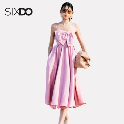 Đầm hai dây nơ ngực linen SIXDO