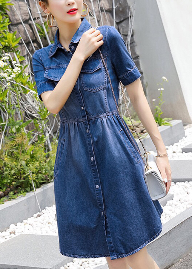 Đầm jean xòe cổ sơ mi eo thun - DT643