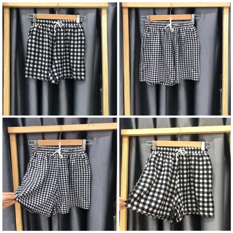 Quần short kẻ caro- quần sooc đùi ống rộng caro chất thô đũi phong cách ulzzang