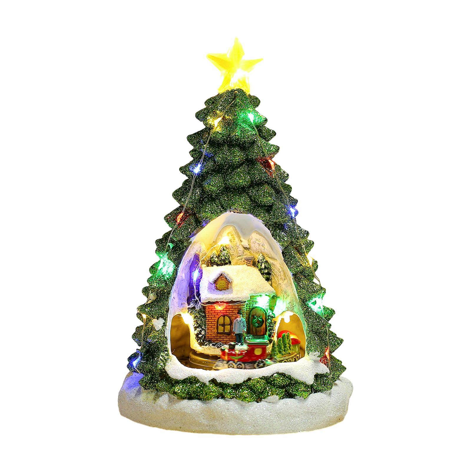 Christmas Tree Glowing House Holiday House Xmas Music Ornament Rotating Train Figurine Statue for Home Living Room Decoration