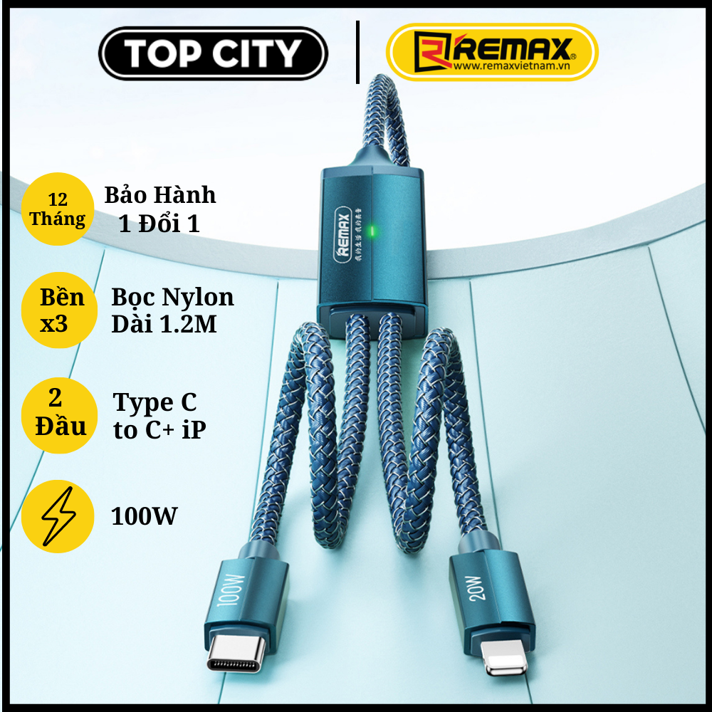 Cáp Sạc Siêu Nhanh 5A - 2in1 hỗ trợ sạc nhanh TypeC- Lightni'ng và C - C 100W -Hàng Chính Hãng Remax RC-093T