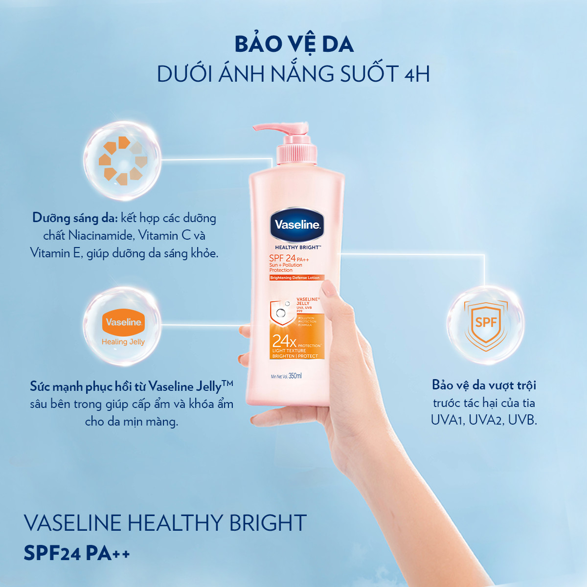 Sữa Dưỡng Thể 350Ml Vaseline Dưỡng Ẩm Sáng Da Chống Nắng Spf24Pa++ Sun + Pollution Protection Bảo Vệ Da Tới 4H Với Spf 24 Pa++