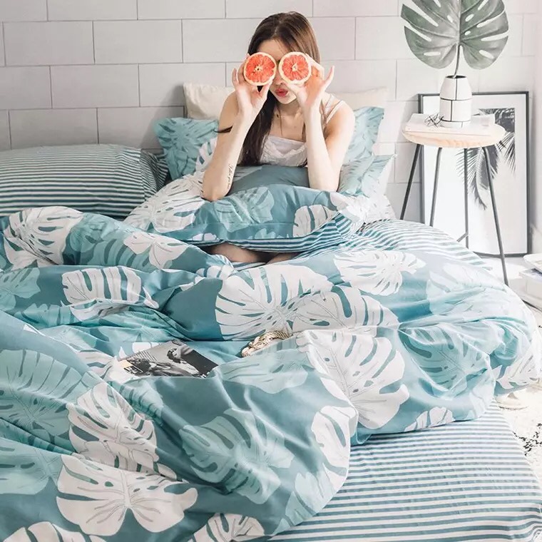 Bộ chăn ga gối cotton cao cấp PL1 Lá khoai xanh