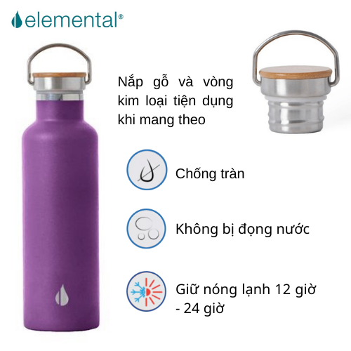 Bình giữ nhiệt Elemental 750ml màu tím đậm, giữ nhiệt vượt trội, inox 304, FDA Hoa Kỳ, nắp gỗ cao cấp