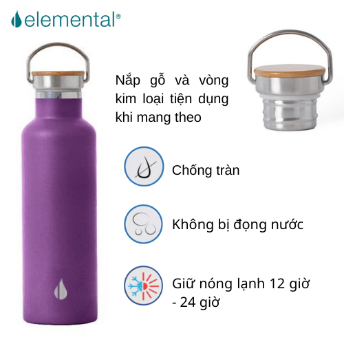 [Hàng chính hãng – Thương hiệu Mỹ] Bình giữ nhiệt Elemental 750ml màu tím đậm, giữ nhiệt vượt trội, inox 304, FDA Hoa Kỳ, nắp gỗ cao cấp