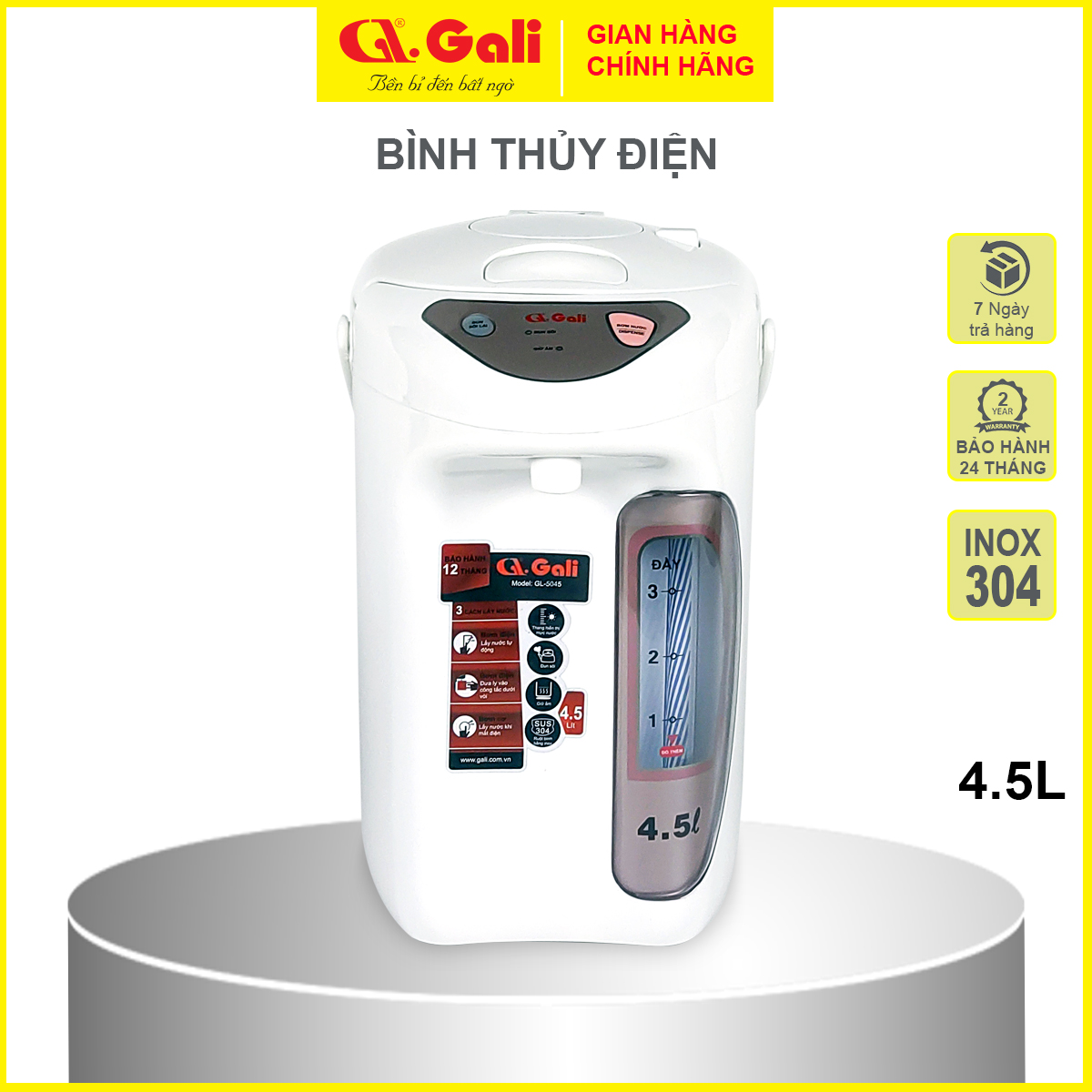 Bình thủy điện Gali GL-5045 dung tích 4.5 lít, phích cấu tạo 2 lớp thân ngoài nhựa, ruột inox 304, hàng chính hãng 100% Gali, bảo hành 24 tháng