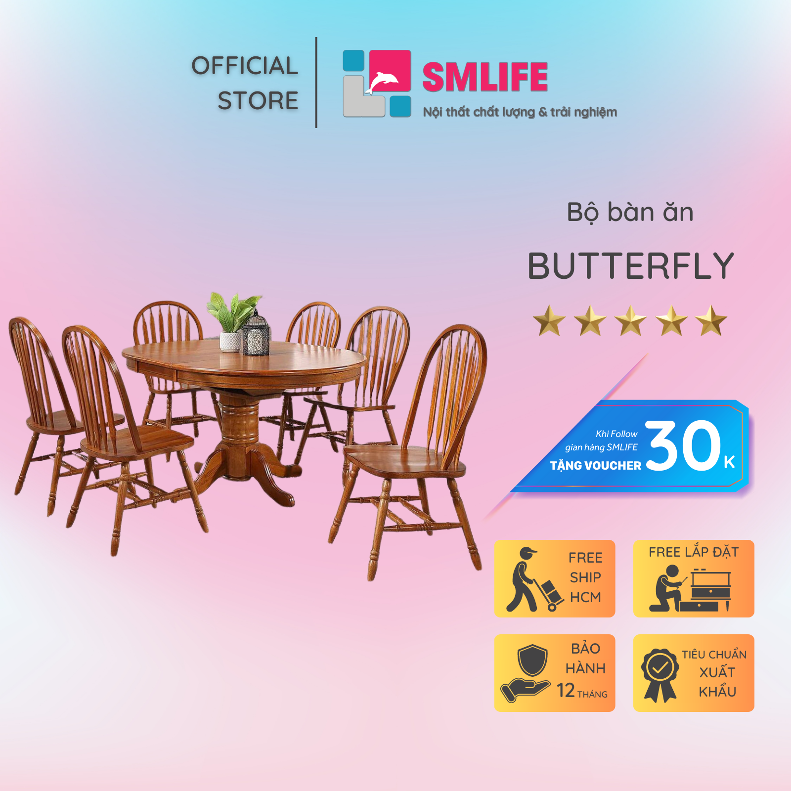 Bộ bàn ăn thông minh kéo dài hình Oval 6 ghế gỗ sồi tân cổ điển SMLIFE Butterfly |  D152 x R107 x C76cm | tăng giảm độ dài bàn