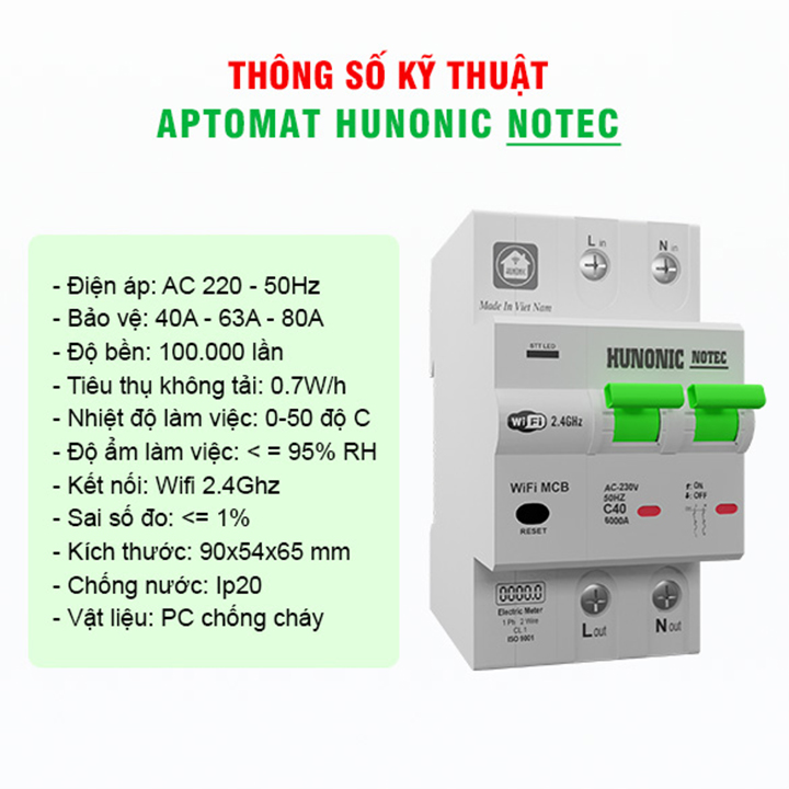 Aptomat thông minh - ĐIỀU KHIỂN TỪ XA - Đo điện năng - Hunonic Notec 40A 63A 80A - Công nghệ 4.0