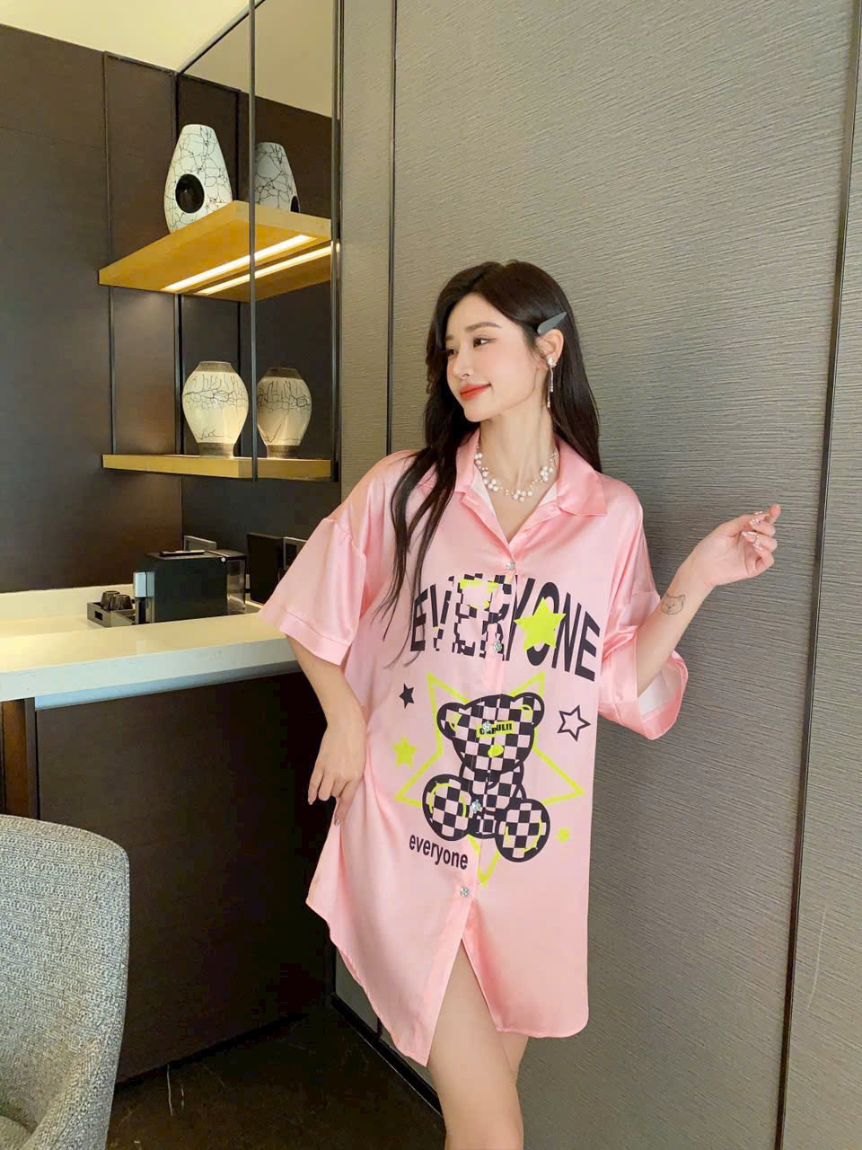 Đầm Ngủ Sơmi Lụa Quảng Châu Cao Cấp Gấu Xinh Xắn