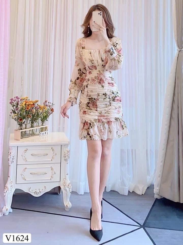 Váy hoa cổ vuông tay bồng sz M chất voan hai lớp rất đẹp