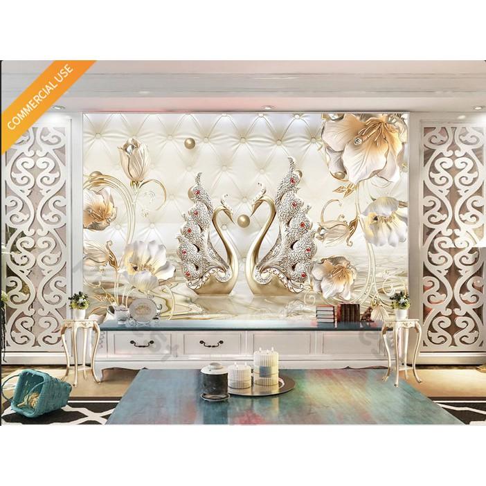 Tranh dán tường Hoa tulip cùng đôi thiên nga kim cương trang sức 3d trang trí phòng hiện đại MS1135855