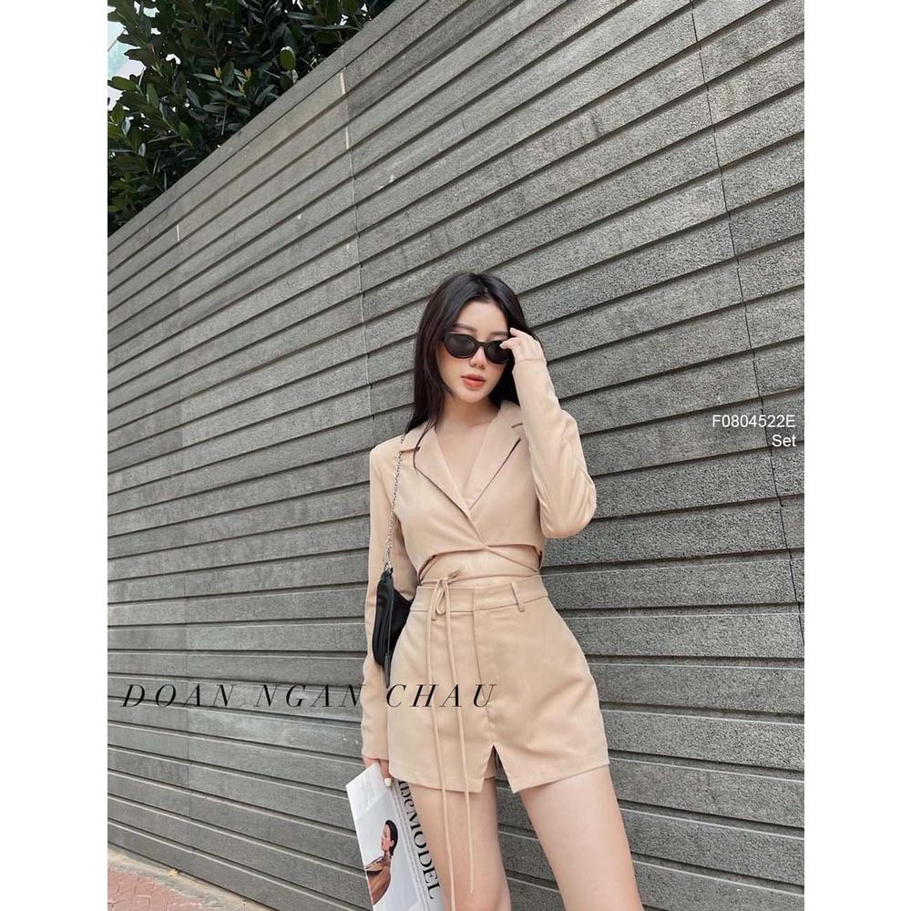 Set áo vest croptop tay dài phối quần giả váy
