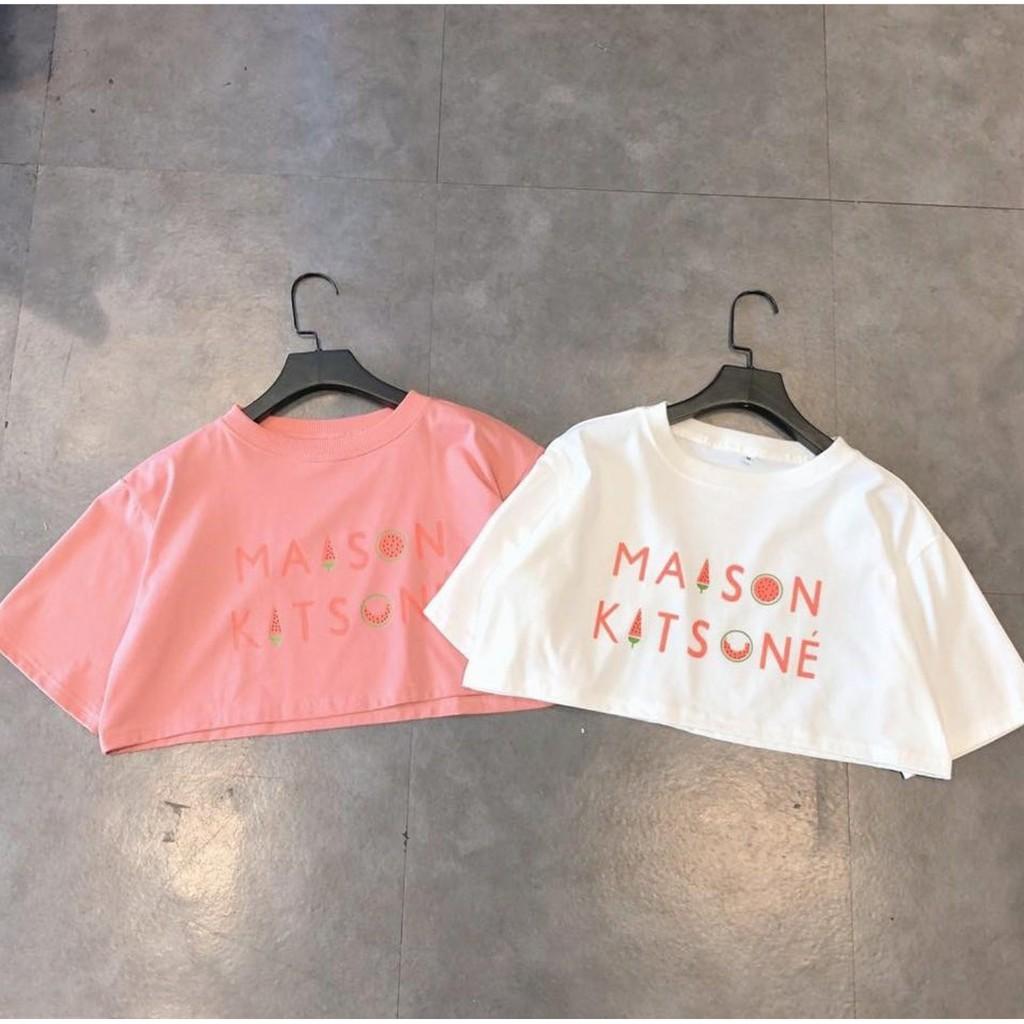 Áo Croptop Tay Lỡ MAISON KITSONE Unisex (Trắng/Hồng) - D14