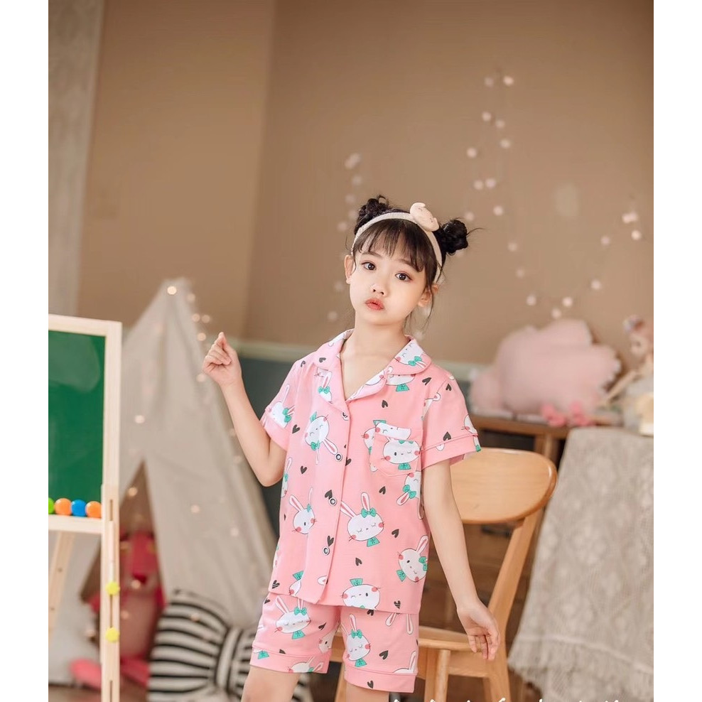 Bộ Pijama cộc tay hình thỏ nơ xanh xuất Hàn bé gái 2-14 tuổi