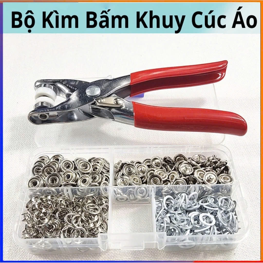 Cây Kìm Bấm Cúc Vành Áo Kim Loại Đa Năng Bộ Kìm Bấm Khuy Kèm 100 Cúc Bấm 9.5mm Thép Không Gỉ, Khoen Quần Áo Tiện Lợi