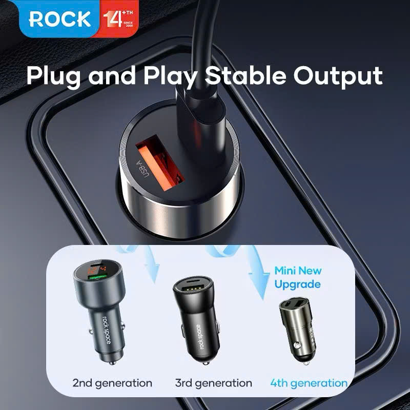 Củ sạc nhanh 15W trên xe hơi ROCKSPACE H20 Dual Port A+C 15W Car Charger Hàng chính hãng BH 2 tháng