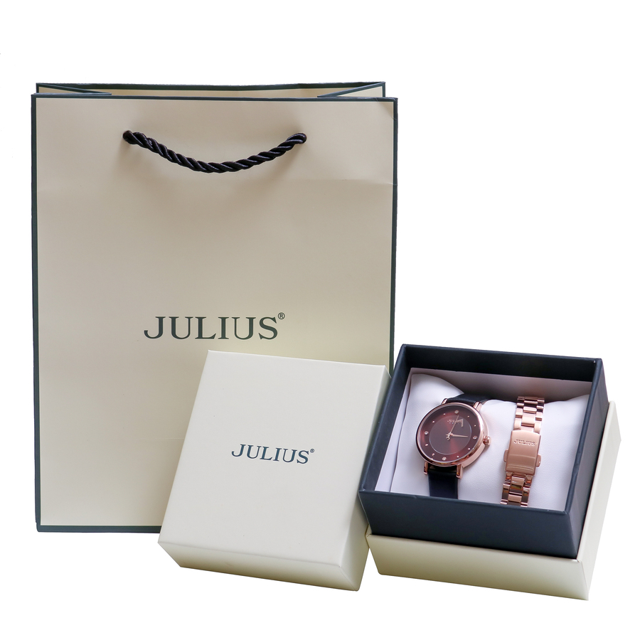 Combo đồng hồ julius JA-1248LF1 dây da đen kèm dây đồng