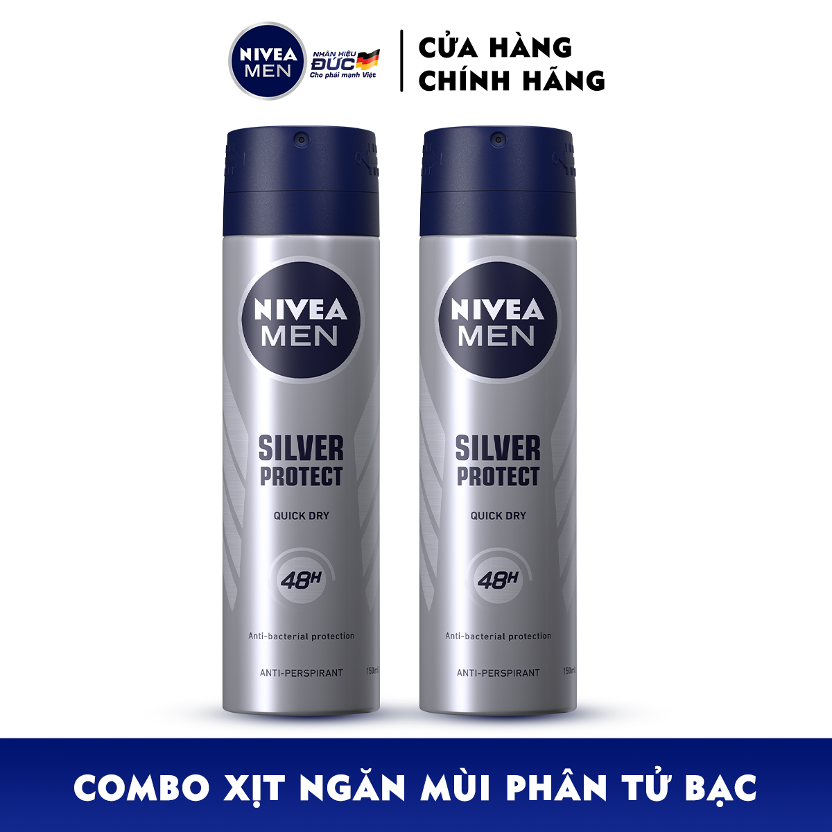 Bộ đôi Xịt Ngăn Mùi NIVEA MEN Silver Protect Phân Tử Bạc Giảm 99.9% Vi Khuẩn Gây Mùi (150ml) - 82959