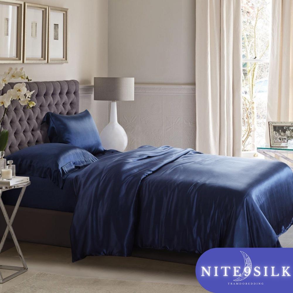 Bộ Chăn Ga Gối Lụa Màu Xanh Đen - Chăn Ga Giường Êm Ái - Nite9 Silk