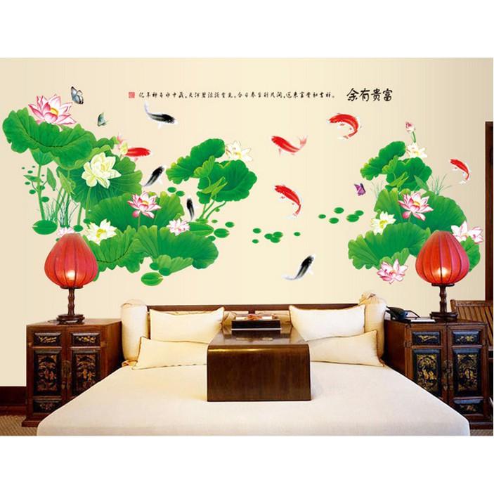 Decal dán tường Combo 2 tranh cá và hoa sen + hoa mẫu đơn