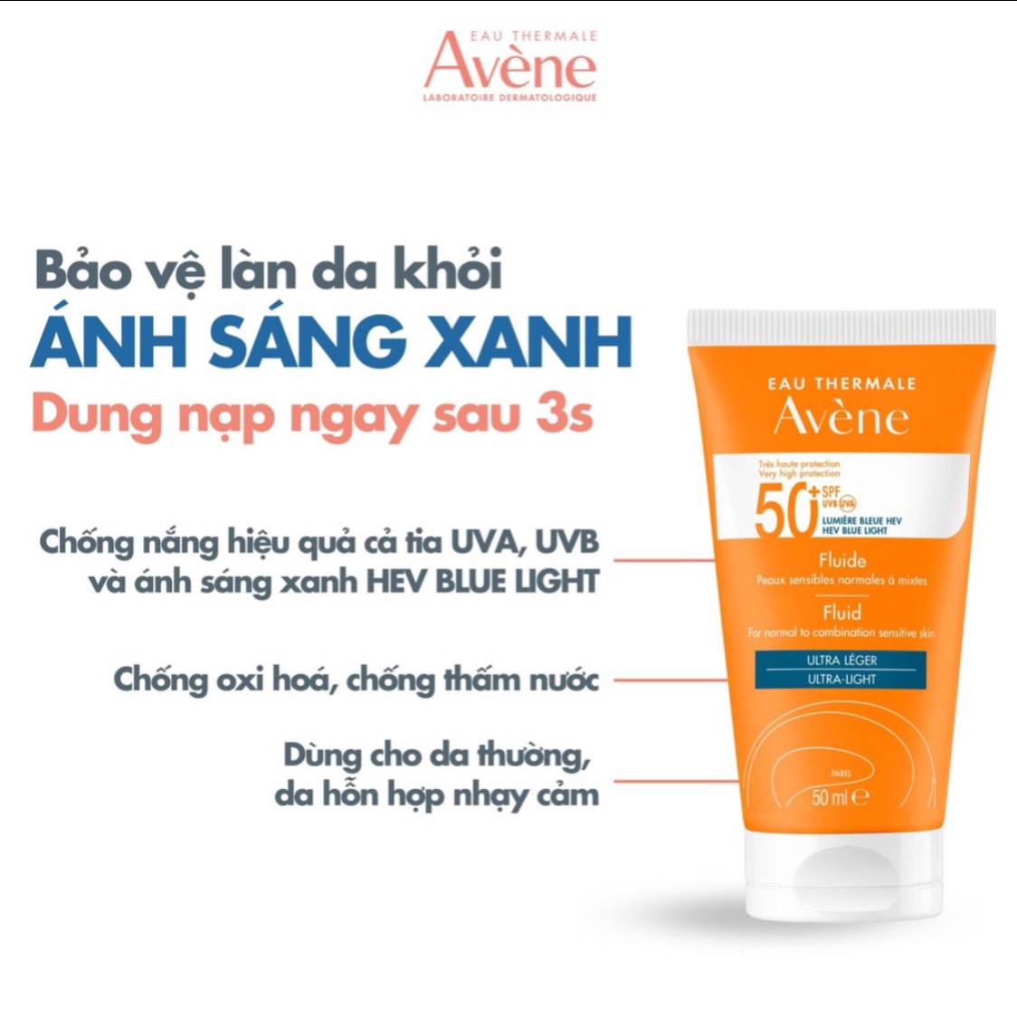 Kem chống nắng bảo vệ tối đa Avene Protection Fluid 50+ Blue Light 50ml TẶNG mặt nạ Sexylook (Nhập khẩu)