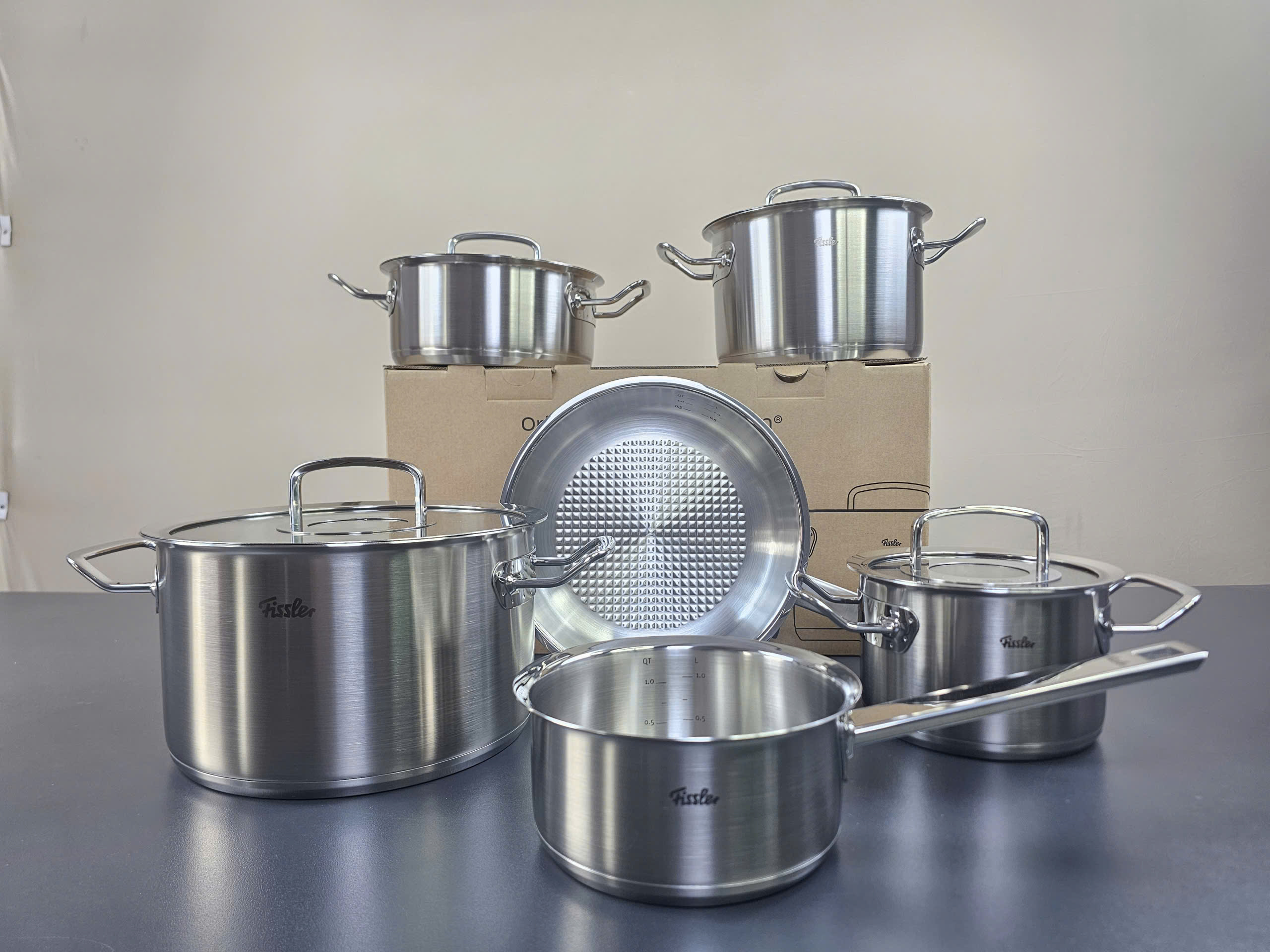 Bộ nồi Fissler profi 4 nồi 1 quánh 1 chảo inox profi nắp kính