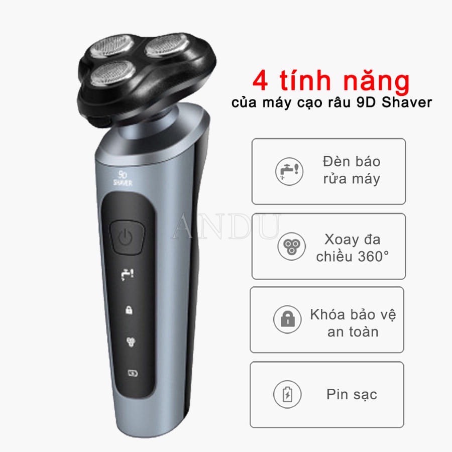 Dây ￼Máy Cạo Râu Nam Shaver 9D Kiêm Tỉa Lông Mũi Cao Cấp, 3 Lưỡi Dao Kép, Công Nghệ Chống Nước Tuệ Minh