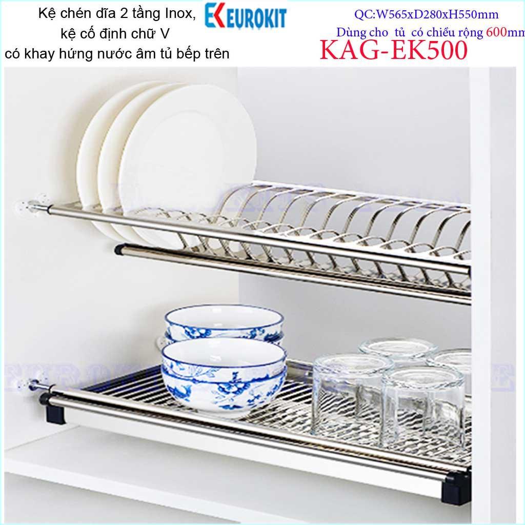 Kệ chén dĩa âm tủ chữ V KAG-EK500-60cm, Kệ chén bát 2 tầng Eurokit inox bóng cao cấp
