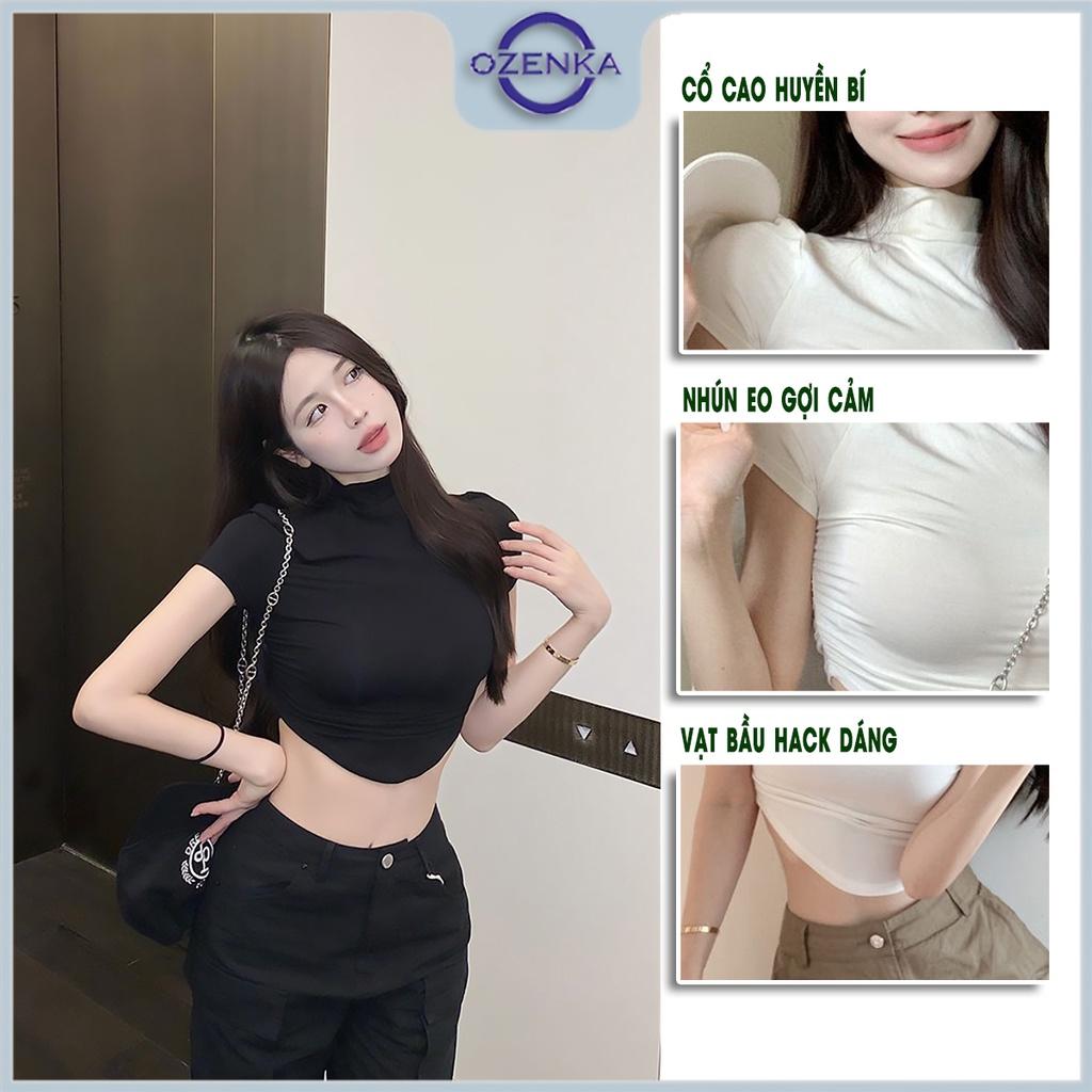 Áo croptop cổ lọ vạt bầu nhún eo tay ngắn nữ Ozenka , áo crt ôm body đen trắng dưới 55 cân