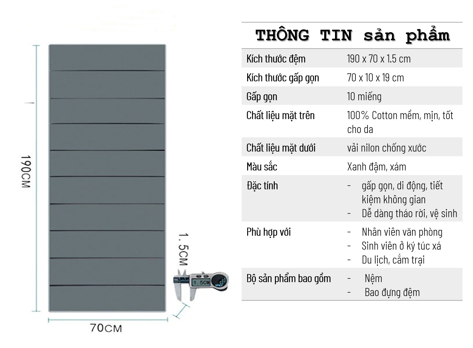 Đệm Gấp Văn Phòng 190x70cm, dày 1.5cm , Đệm Gấp Ngủ Trưa Văn Phòng Siêu Nhỏ Gọn, Chất Liệu Mút , Dễ Dàng Gấp Gọn, tiện dụng, nhỏ gọn dễ mang theo, Foldable Sleeping Office Mattress