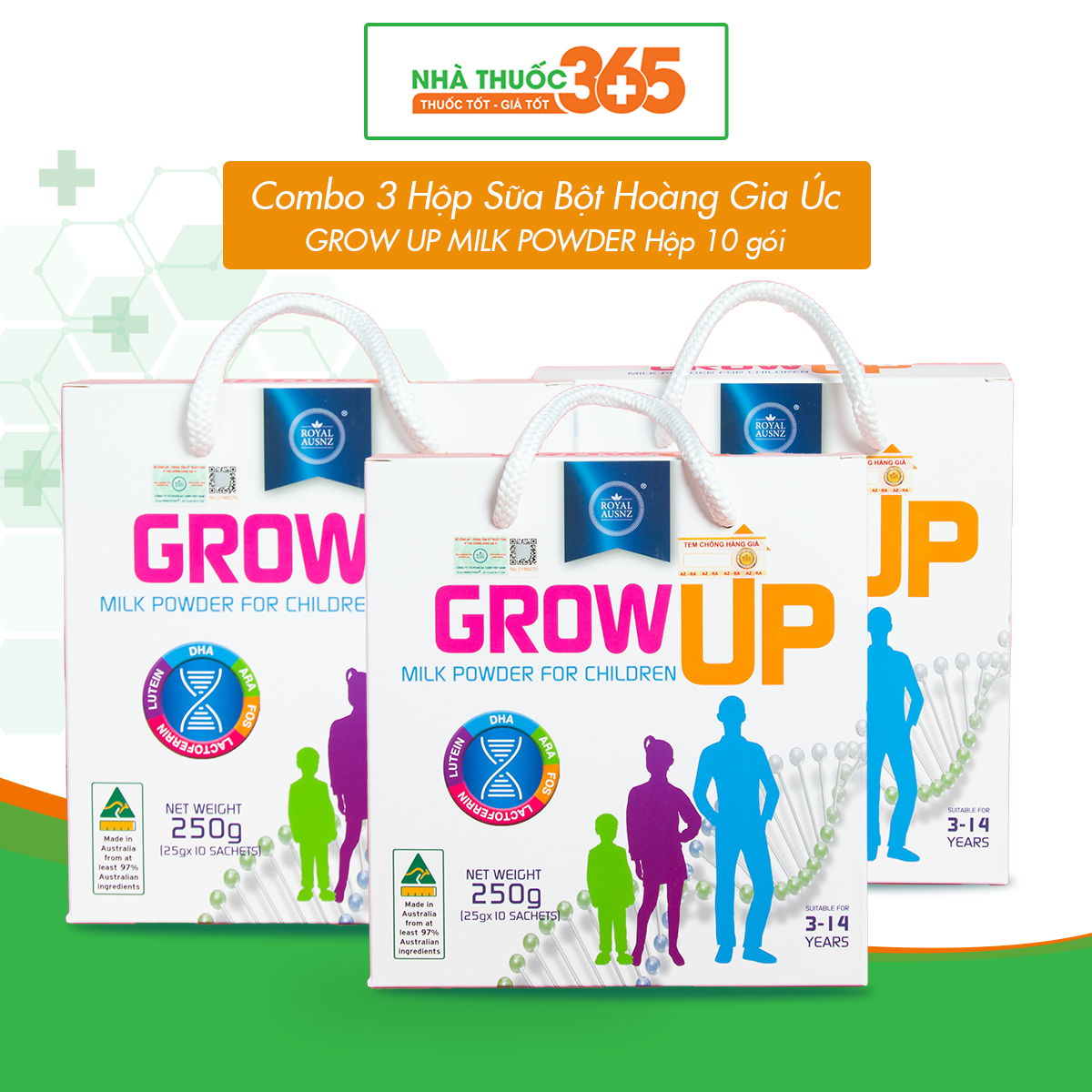 Combo 3 hộp Sữa Bột Hoàng Gia Úc GROW UP MILK POWDER Hỗ Trợ Phát Triển Chiều Cao Cho Trẻ Từ 3-14 Tuổi ( Hộp 10 gói)