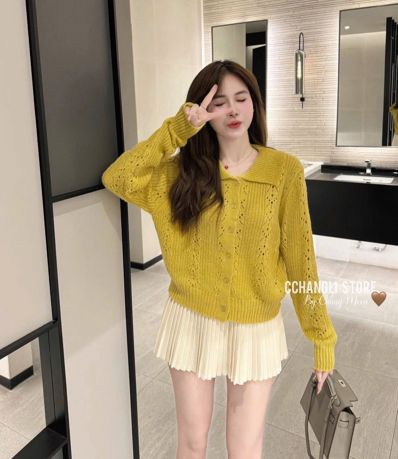 Áo Len Nữ Cổ Sóng Màu Vàng Form Ngắn Hack Dáng, Chất Len Mềm Mịn Hot Trend