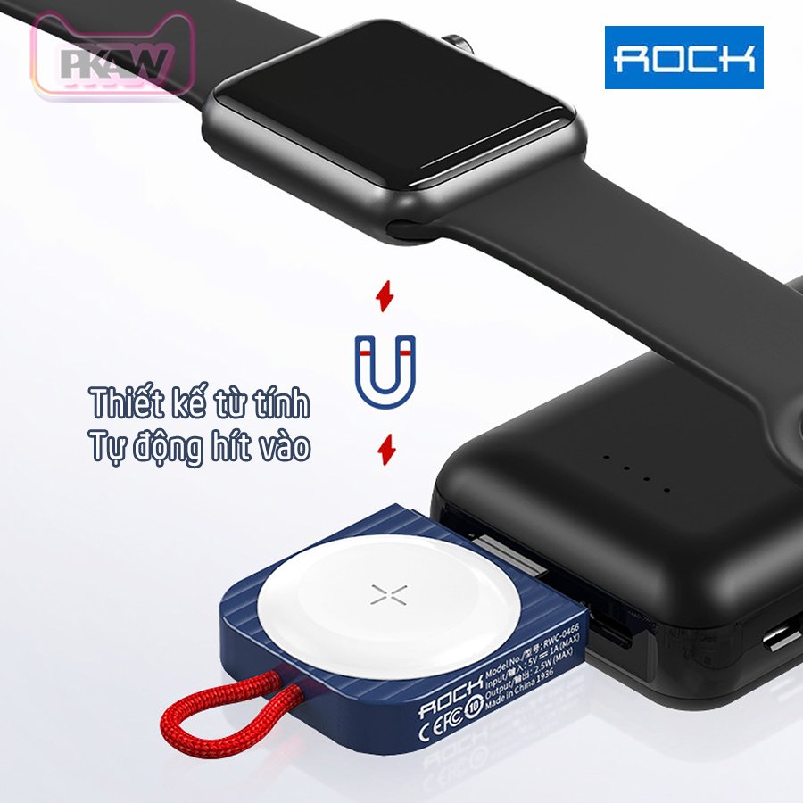 Đế Sạc Không Dây Chính Hãng ROCK dành cho Apple Watch 38/40/42/44mm Series 1/2/3/4/5/6/Se - cổng Type-C và USB-A - Xanh.