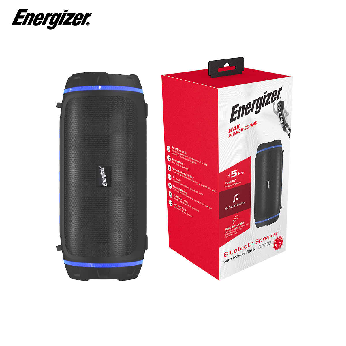 Loa Bluetooth kèm pin sạc dự phòng Energizer BTS-102 - 2x5W, Hỗ trợ chức năng Rảnh tay, FM, thẻ Micro SD, USB, AUX - Hàng chính hãng