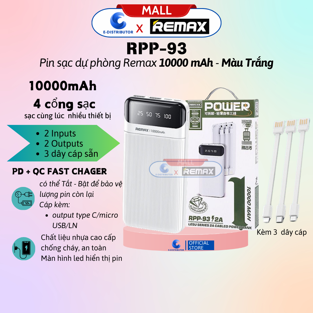 Pin Sạc Dự Phòng Remax 10000 mAh RPP93 Trắng - Hàng Chính Hãng - Bảo Hành 12 Tháng