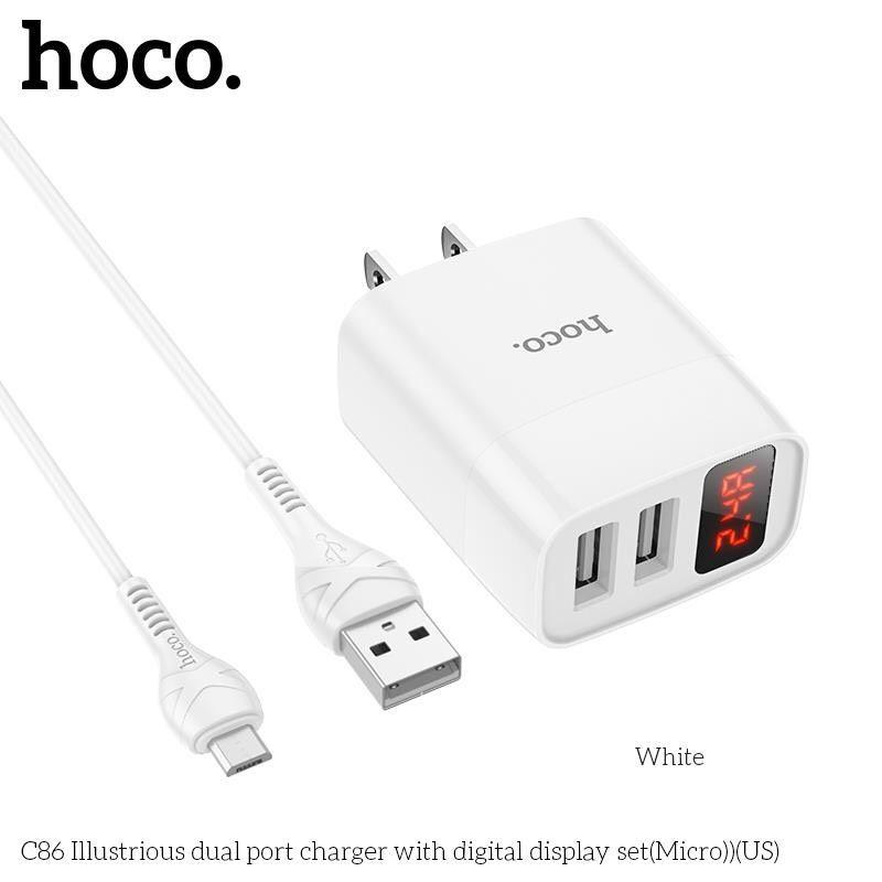 Bộ Sạc Micro-USB Hoco C86 Cho Samsung, Xiaomi, Oppo,... Bộ Sạc 2 Cổng Có Đèn Led, Sạc Nhanh MAX 2.4A - Hàng Chính Hãng