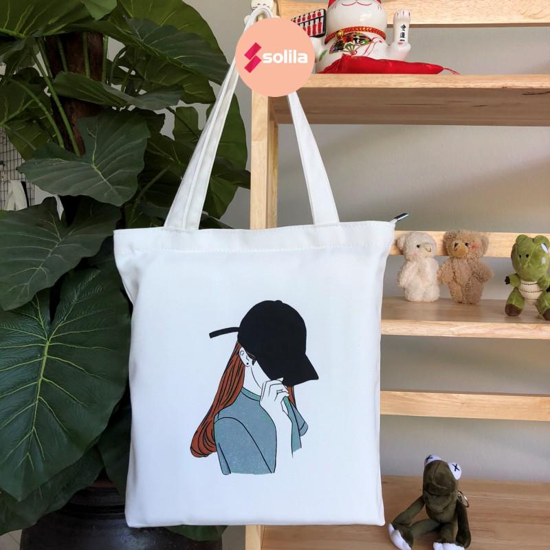 Túi tote bag vải canvas mềm đẹp có khóa và túi phụ cho bạn nữ đi học đi làm thời trang hàn quốc