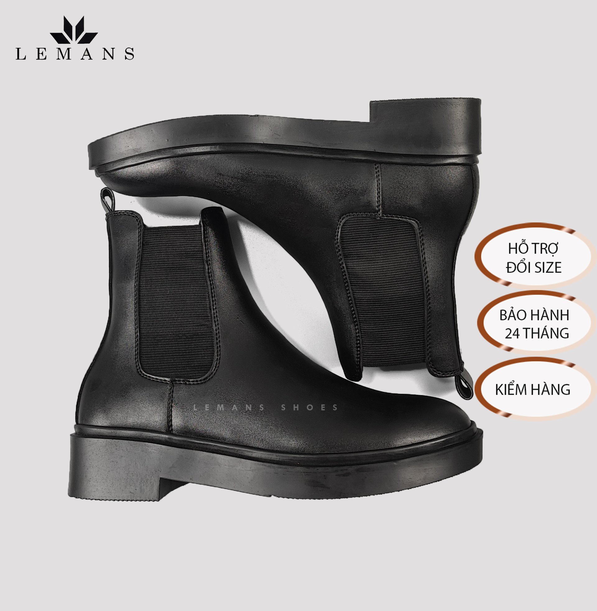 Giày da bò Chelsea Boots Black LEMANS CB66, đế Lemans cao 4cm, boot nam chelsea boot nam, bảo hành 12-24 tháng