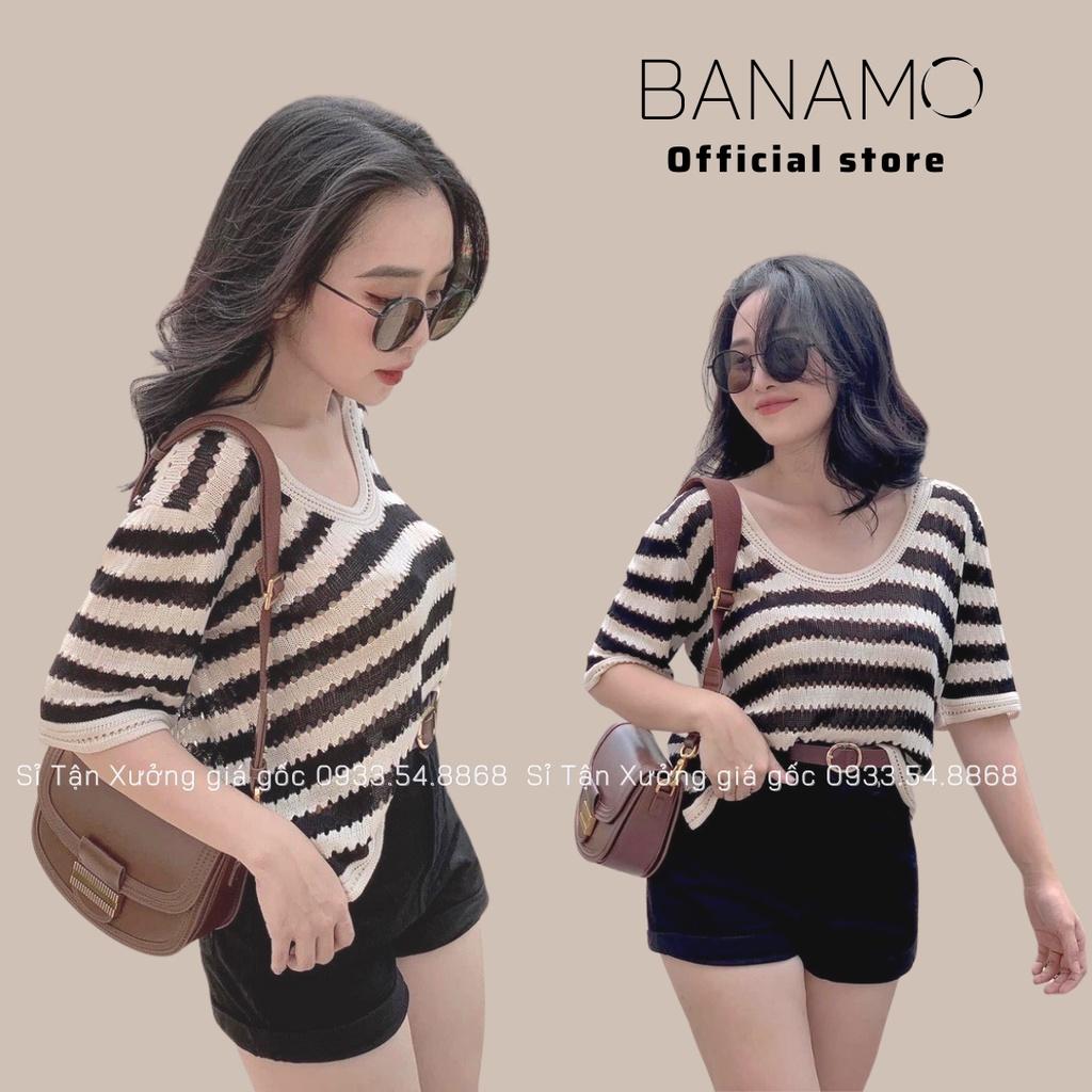 Áo len dệt kim ngắn tay họa tiết kẻ ngang phong cách hàn quốc thời trang Banamo Fashion áo len kẻ ngang 3415