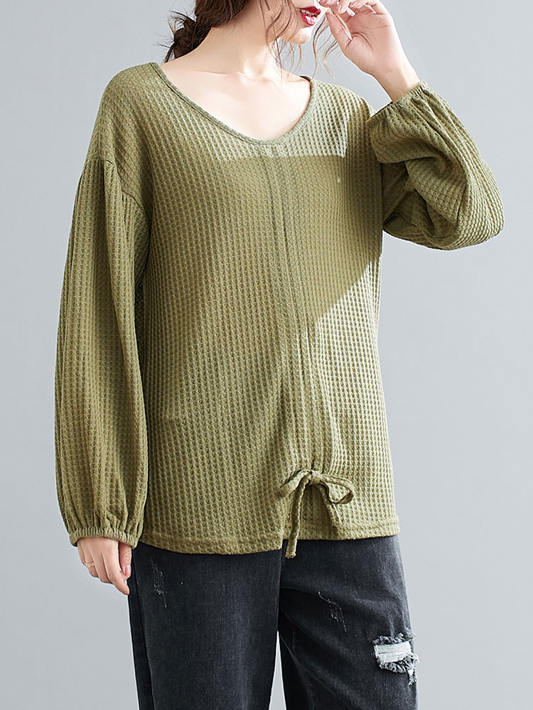 Women Knitted Shirt Drawstring Front V-Neck Lantern Sleeve Pullover Loose Fit Casual Solid Spring Autumn Tops