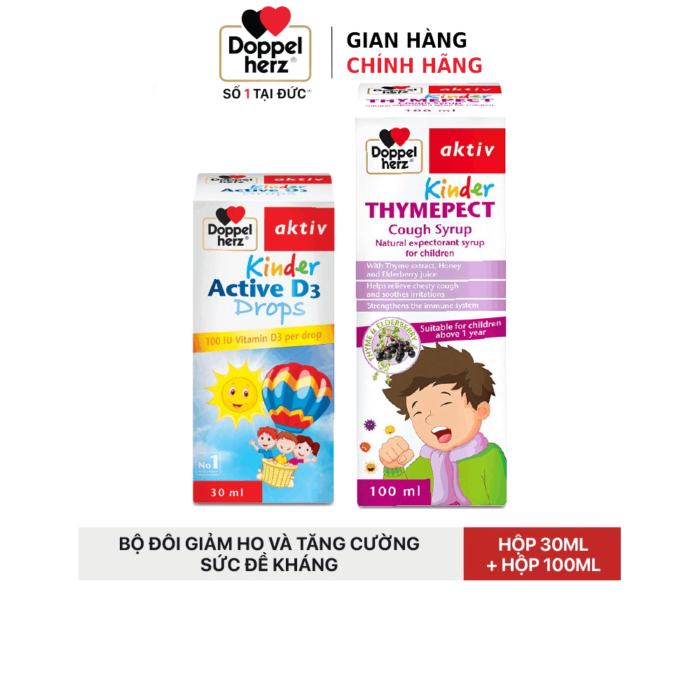 Bộ đôi giảm ho và tăng cường sức đề kháng cho trẻ Doppelherz Kinder Thymepect Cough Syrup và Kinder Active D3 Drops