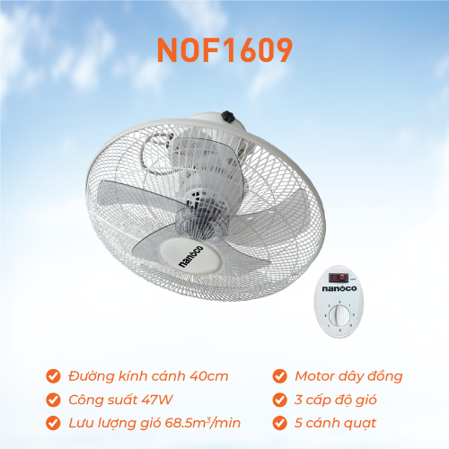 Quạt Đảo Nanoco NOF1609 Không Remost Màu Xám Trắng-Hàng Chính Hãng