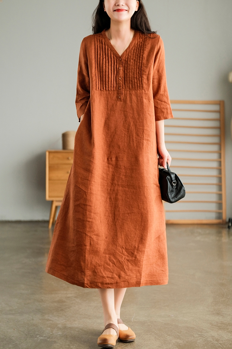 Váy Đầm Trung Niên Dáng Suông Form Rộng Chất Linen Thoáng Mát Đũi Việt Dv165