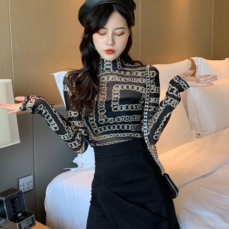 Áo thun lưới dài tay họa tiết hoa phong cách Hàn Quốc dành cho nữ