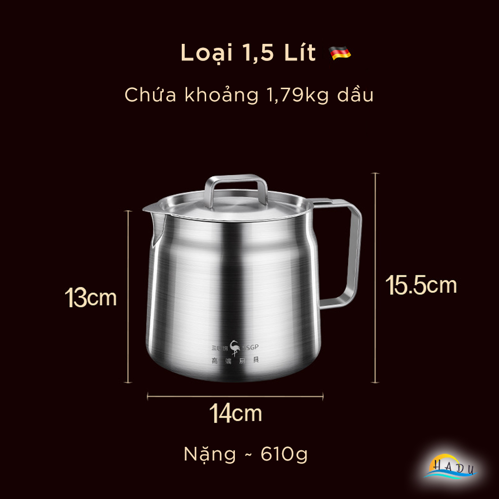 Bình Lọc Dầu Ăn Inox 304 Cao Cấp Có Lưới Lọc Cặn Bằng Inox Loại 2 lit Có Nắp Đạt Chất Lượng Đức SSGP